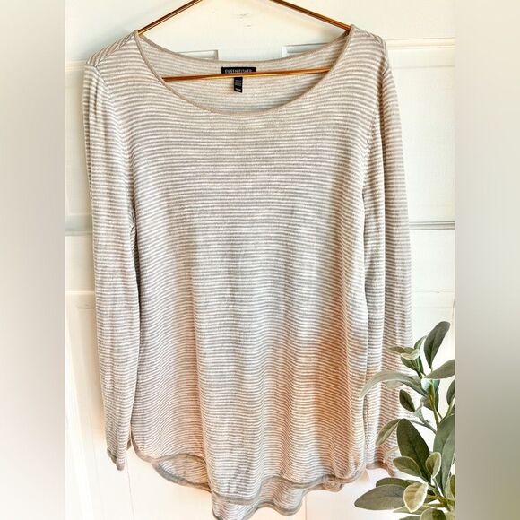 New eileen fisher linen cotton long sleeve tan white stripe sweater - Picture 1 of 5